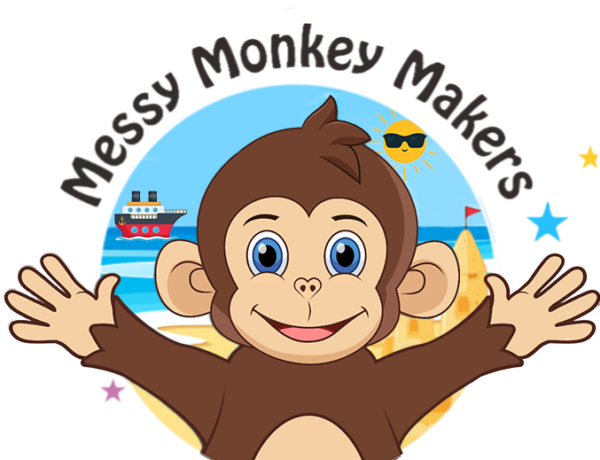 Messy Monkey Makers Logo with a beach background