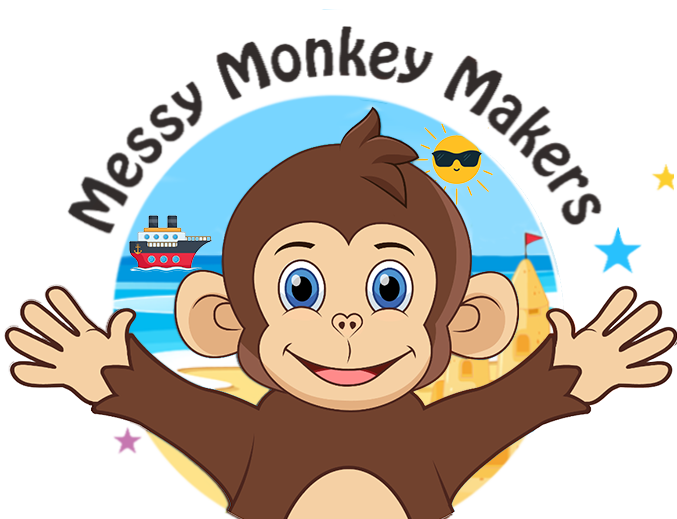Messy Monkey Makers Logo with a beach background