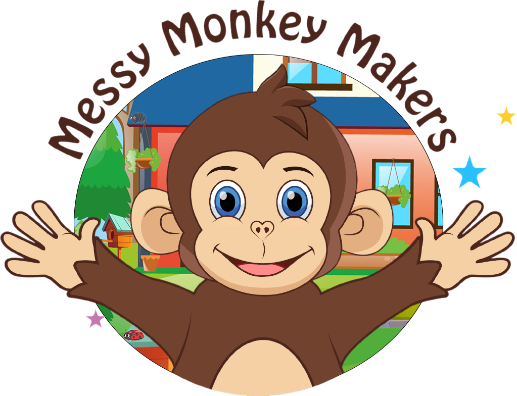 Brand logo featuring a playful monkey, creatively styled to match the theme of this messy play session. Designed to reflect fun, sensory exploration, and hands-on learning for babies and toddlers.